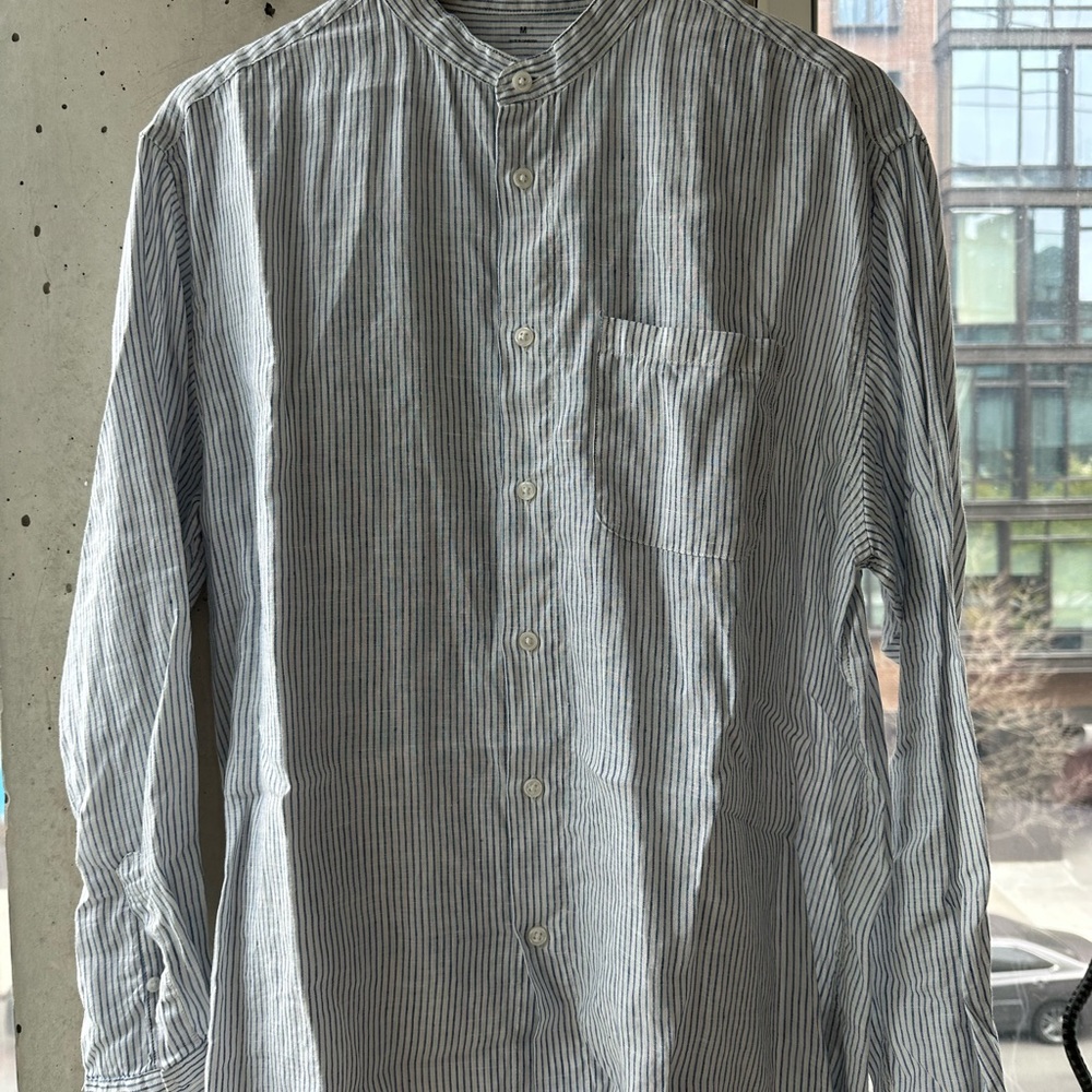 Men's Muji Striped Blue & White long-sleeved stand collar shirt, size M